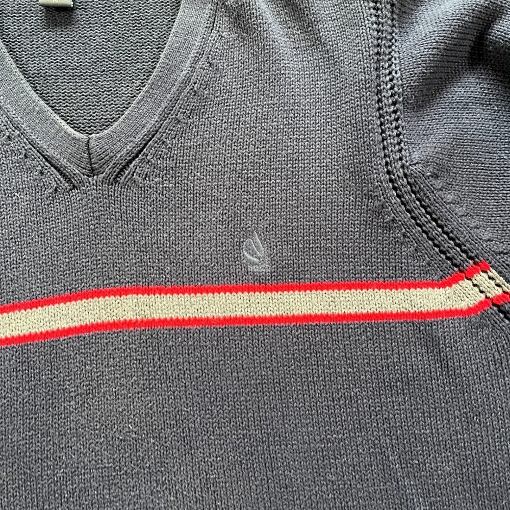 Y2K Nautica V-Neck Sweater M Navy Blue Striped Cotton Knit Coastal Transitional - Picture 5 of 9